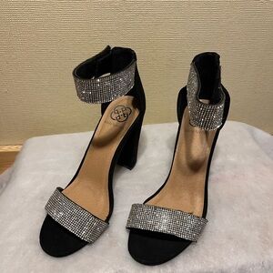 Sparkly black and silver block heels
